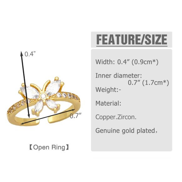 3/$35 Butterfly 18K Gold Plated Copper Open Ring Cubic Zirconia CZ Diamond - Picture 5 of 6